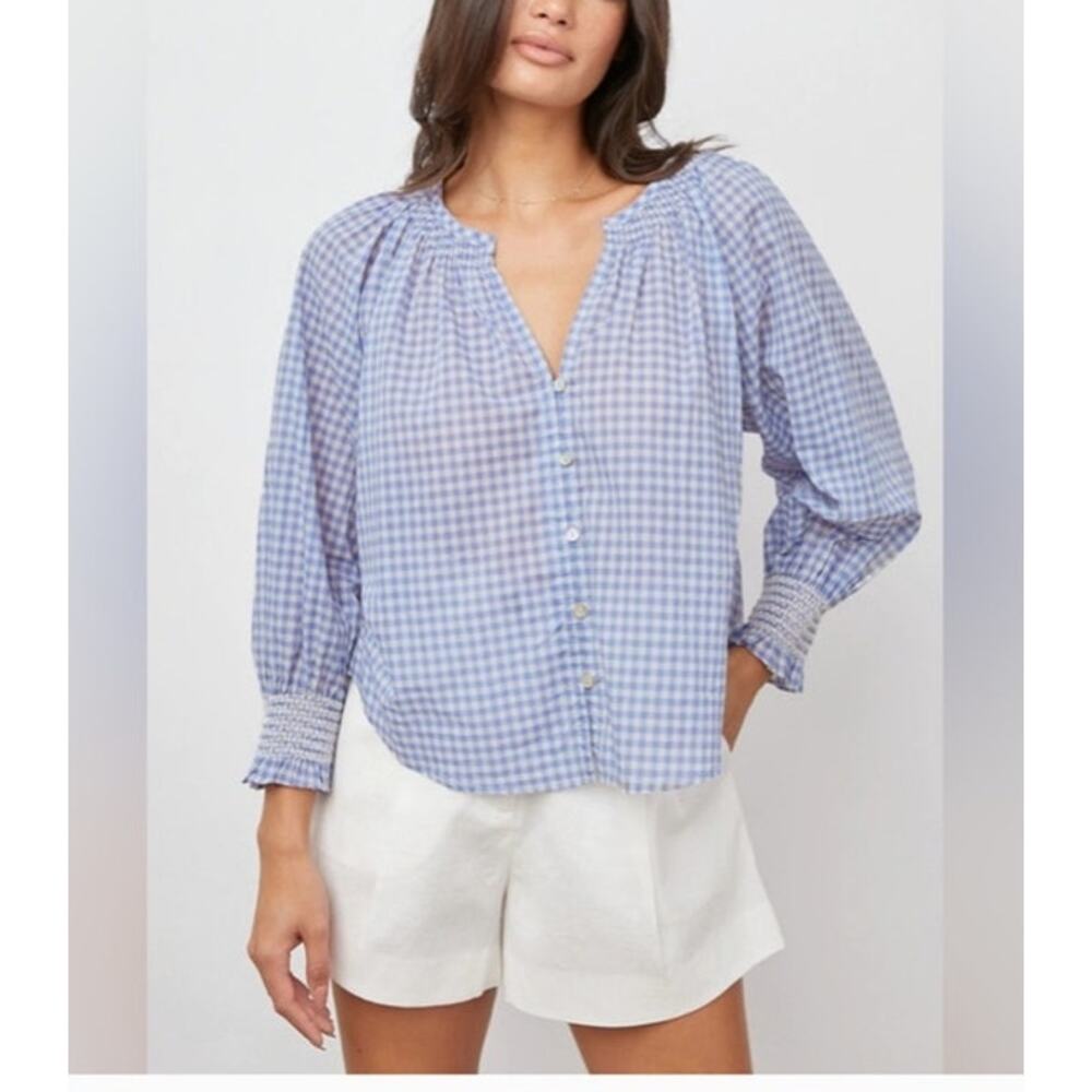 Rails Mariah Carolina Gingham Blouse XS Blue White Smocked Cotton Top